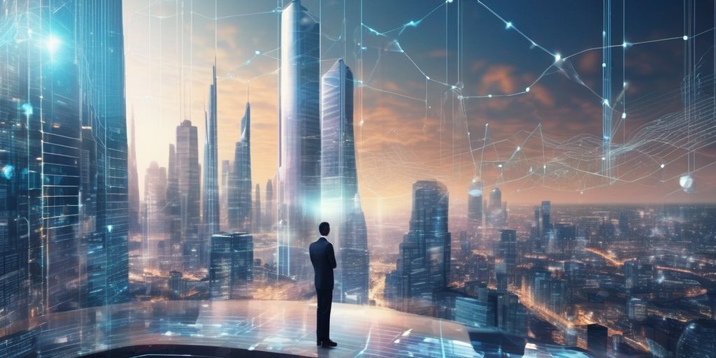 business professional analyzing data with futuristic cityscape background